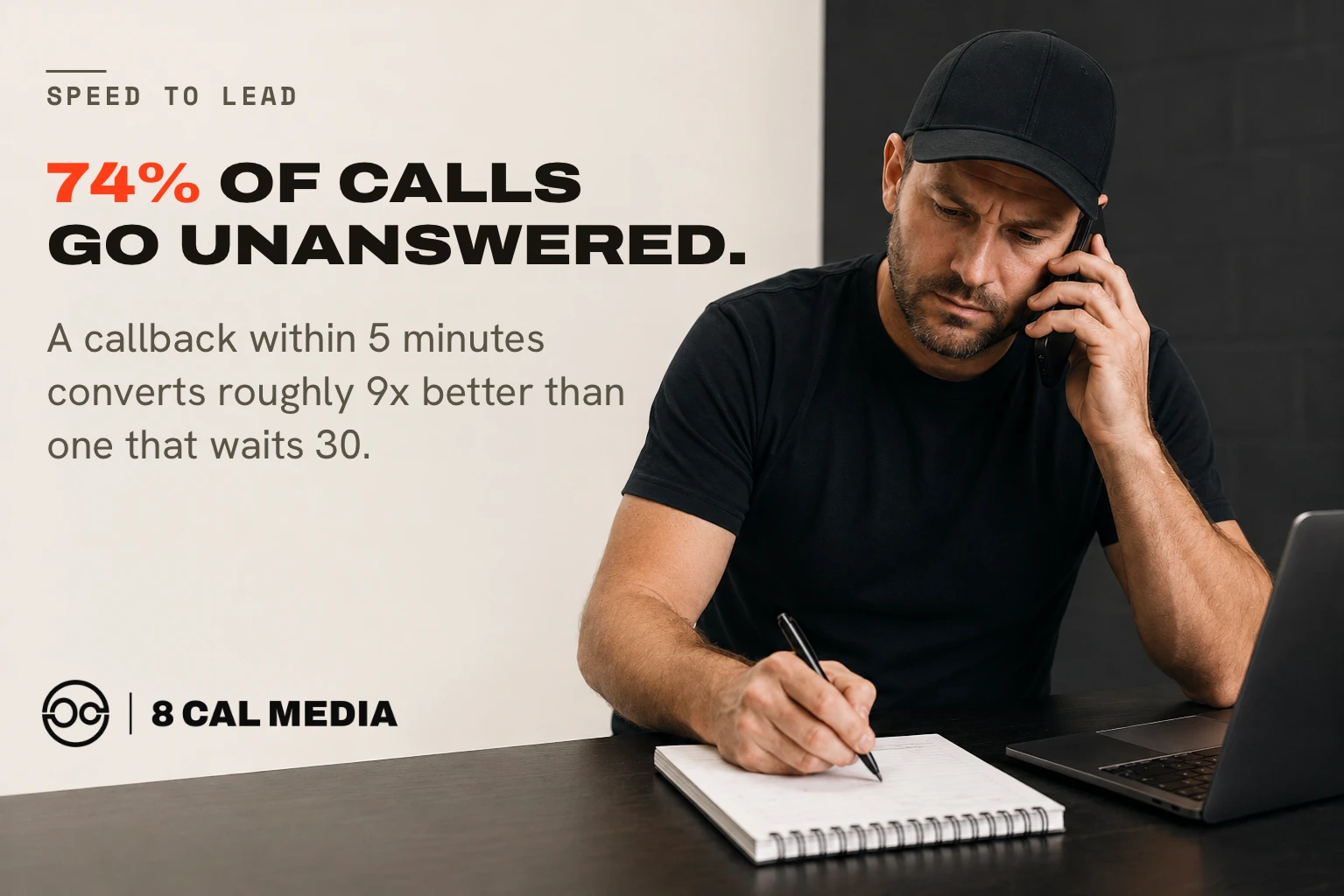 A technician on the phone writing down a lead, illustrating a missed-call moment for a home service business.